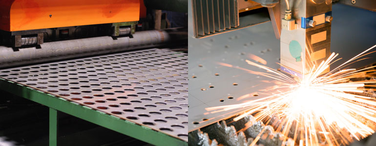 Two side by side pictures. The one on the left is perforated metal being rolled out. The one on the right is a machine cutting holes in sheet metal.