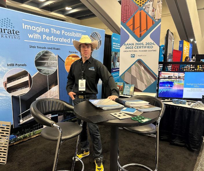 A cowboy at the Accurate Perforating booth at the AIACon 2023, San Francisco