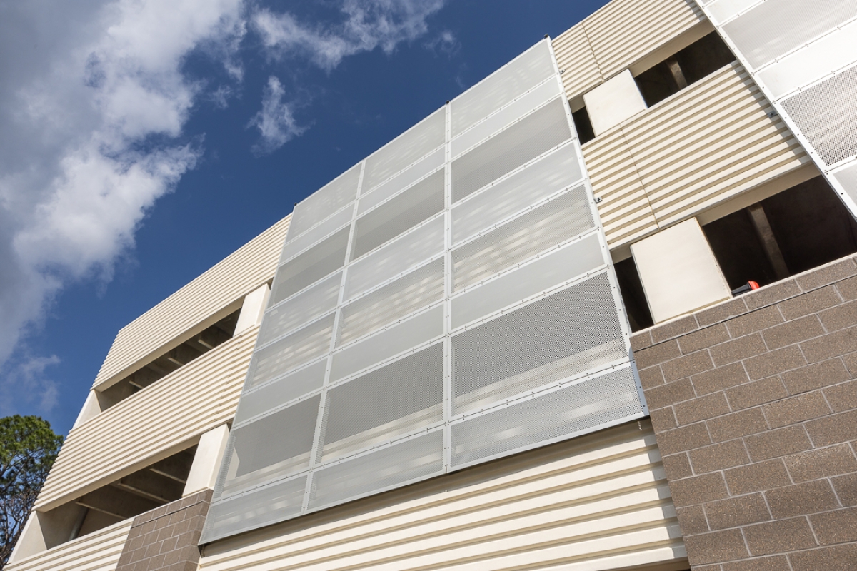 Looking up at perforated metal panels