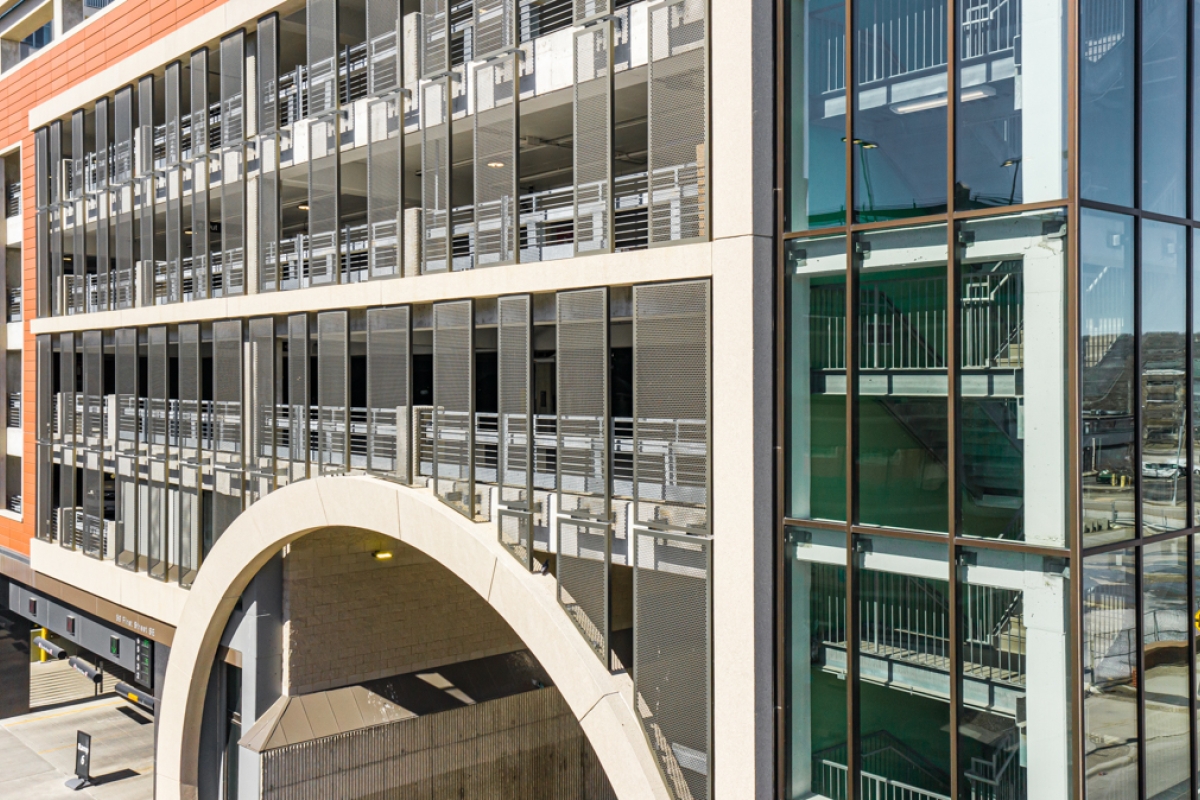 Side view of a perforated metal on a parking garage