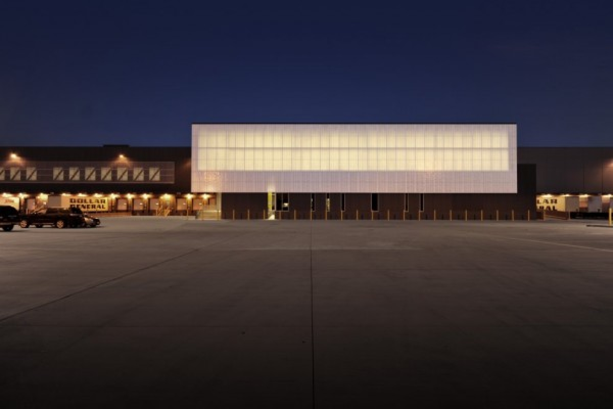 Exterior shot, perforated metal, Dollar General Distribution Center