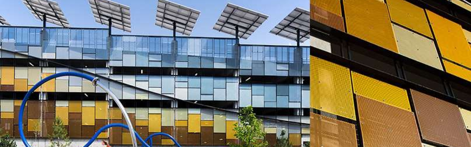 perforated metal facade at park place parking garage, dakotas